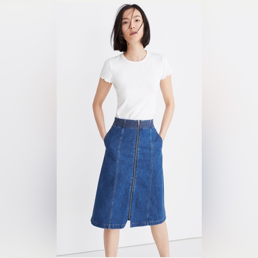 Madewell Blue Denim Midi Skirt with Front Zip